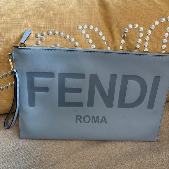 Fendi Handbags - ✨ Fendi Vitello King Logo Embossed Large Flat Pouch – Rare Blue ✨
